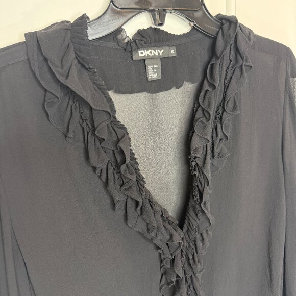 DKNY Black Silk Ruffle Front Blouse Size 6 Sheer Long Sleeve Top - Picture 5 of 12